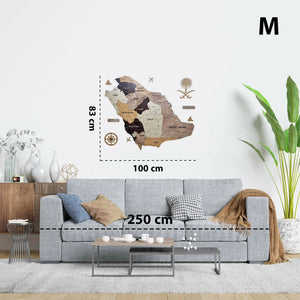 لوحة خريطة السعودية بتصميم أنيق توضح حدود المملكة والمدن الرئيسية، مثالية للديكور والتعلم.