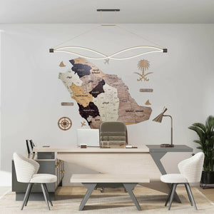 لوحة خريطة السعودية بتصميم أنيق توضح حدود المملكة والمدن الرئيسية، مثالية للديكور والتعلم.