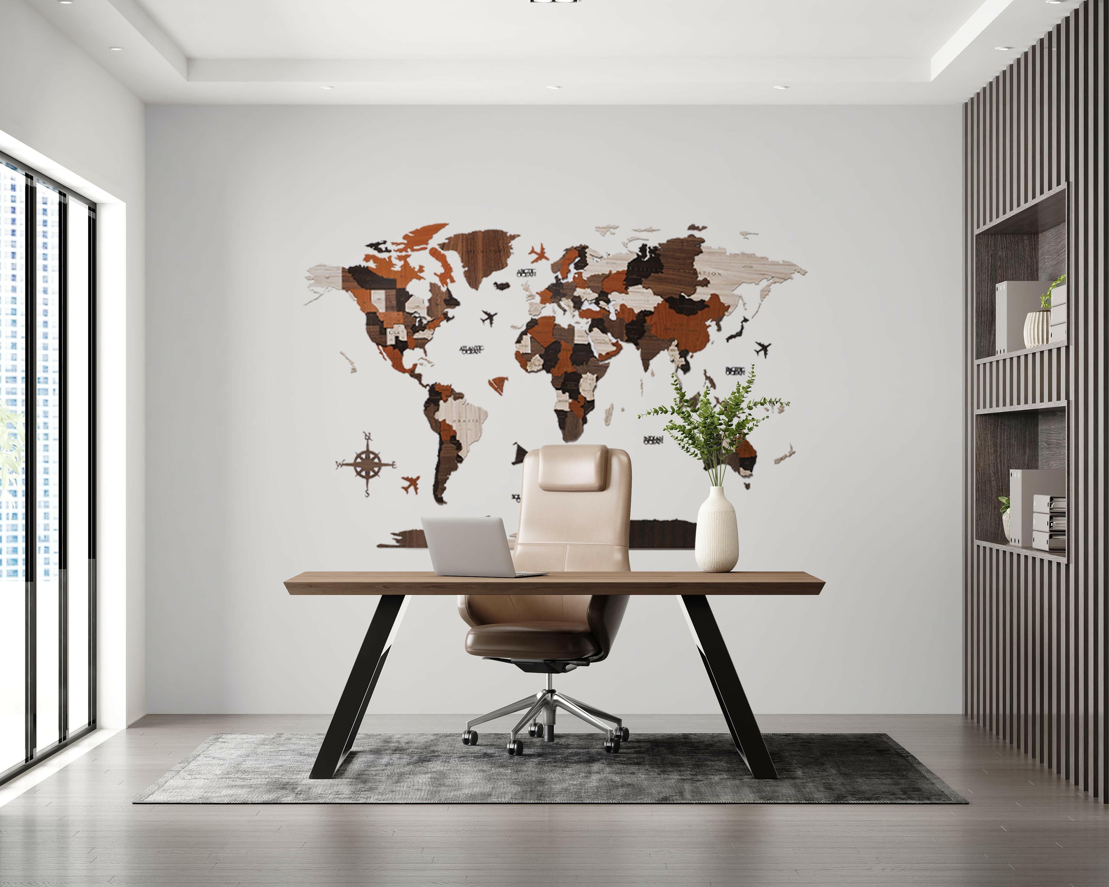 لوحة خريطة العالم بجودة عالية تظهر تفاصيل الدول والقارات، مثالية لتزيين المكاتب وغرف الدراسة