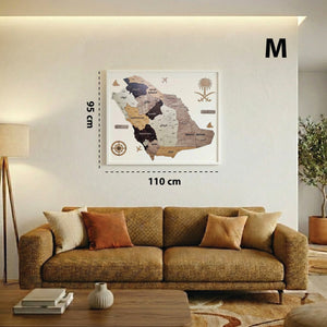 Map of Saudi Arabia on a wall above a brown sofa with dimensions displayed.