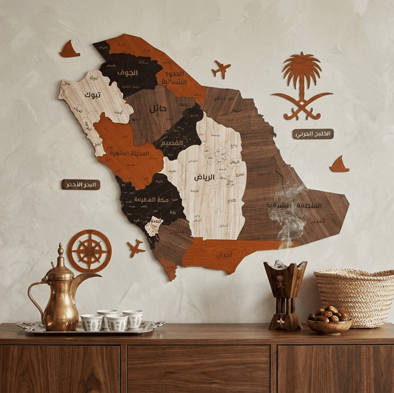 Wooden map of Saudi Arabia on a wall above a wooden modern cabinet with decorative items.
